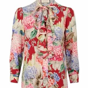 Gucci Red Floral Ruffle Tie-Neck Blouse with Multicolor Hydrangeas
